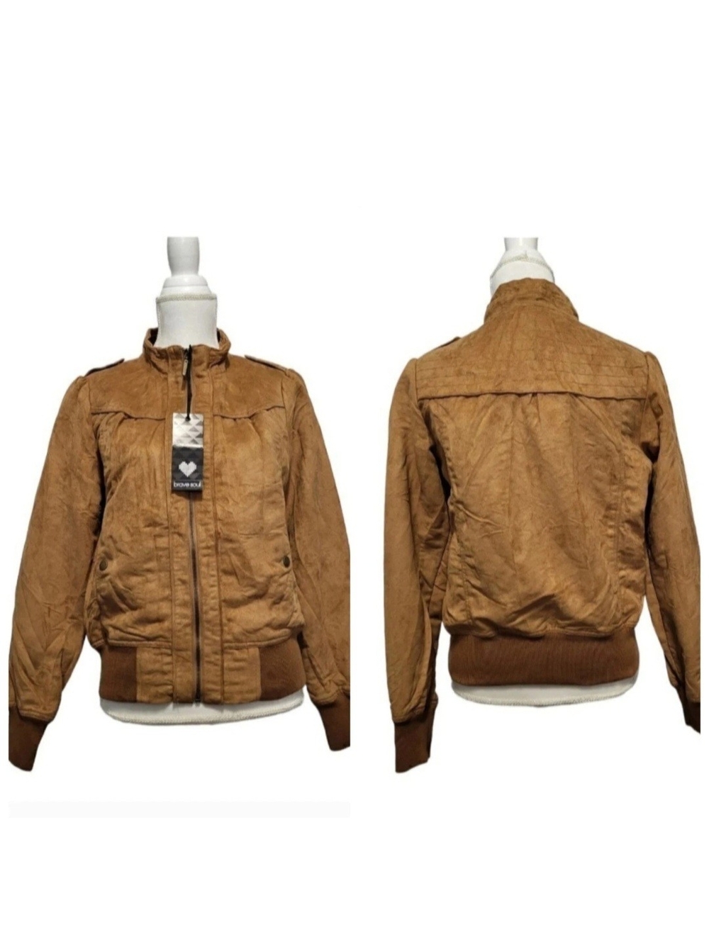 Brave Soul Bomber Jacket Medium Camel Brown Faux Suede